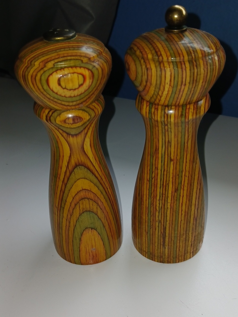 Wooden Multicolor Striped Woodgrain Salt and Pepper Mills - Unbranded